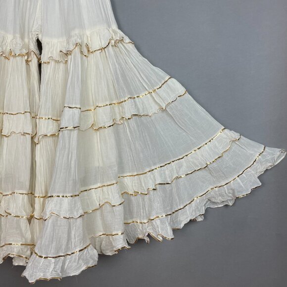 Sharara Bottoms Pants Tiered Gold Trim Flared Voluminous Off-White Elastic Waist - Picture 12 of 16